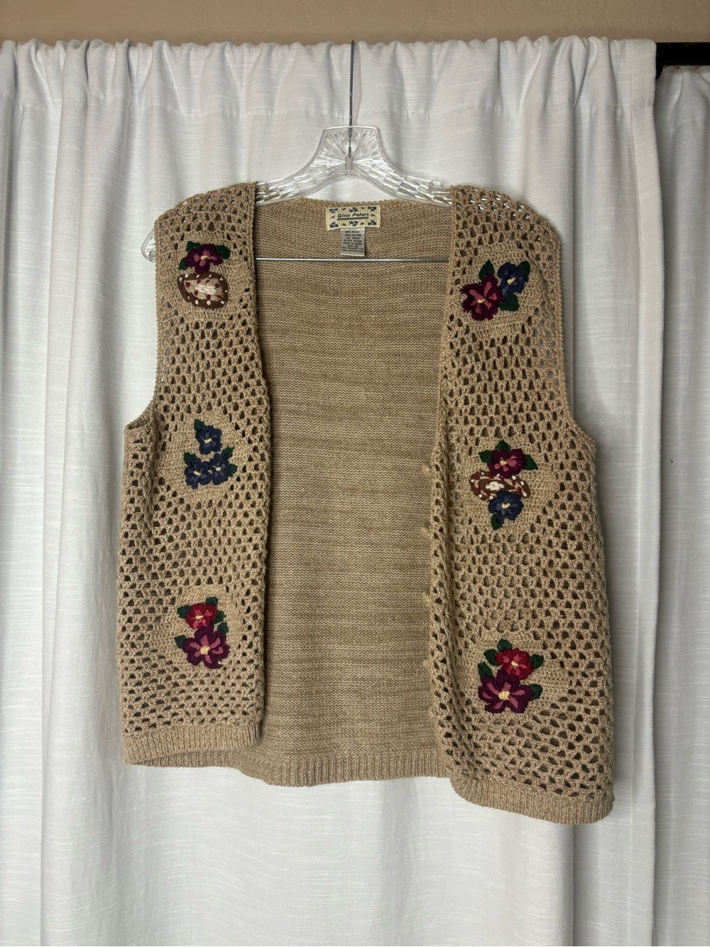Beige Crochet Openwork Vest with Floral Embroidery - Women